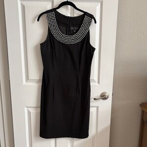 Connected Apparel Black Dress with Embellished Neckline